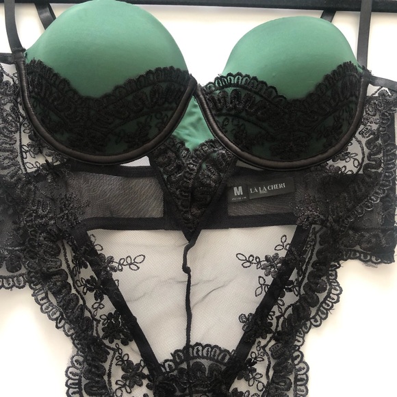 ❤️SOLD❤️Oh La La Cheri Paulette Lace Trim Satin Thong Bodysuit Black Green - Picture 9 of 13
